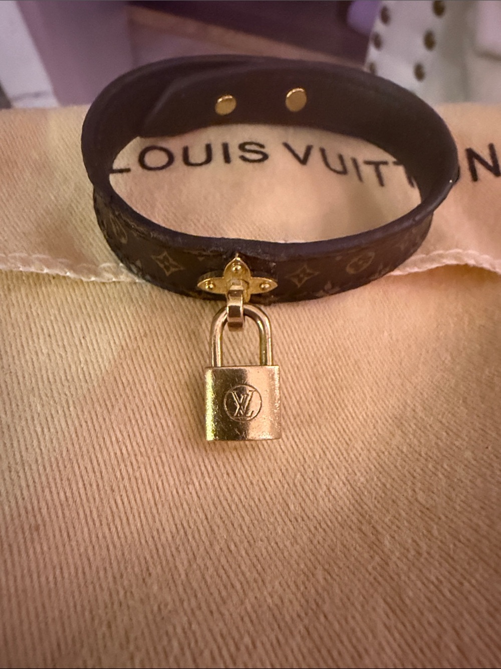 Louis Vuitton Brown Monogram Leather Bracelet with Gold Padlock Charm